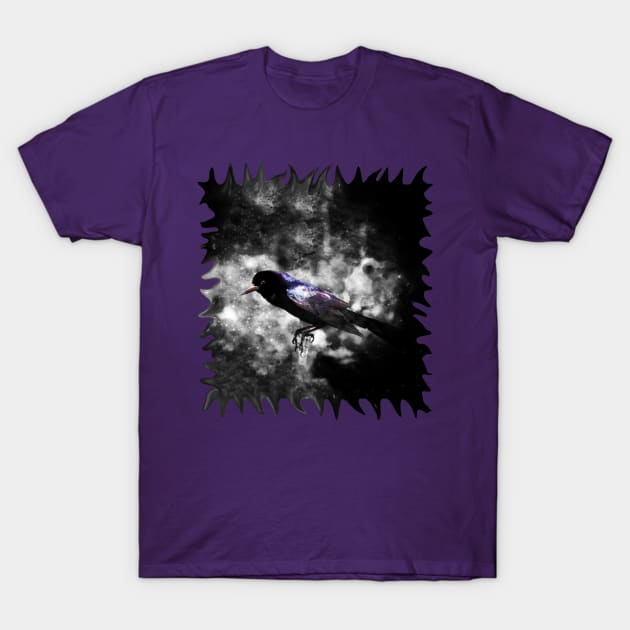 The Lonesome Purple Feathered Bird in the Mist T-Shirt by distortionart